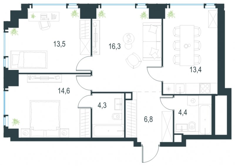 3-комнатная квартира без отделки, 73.3 м2, 37 этаж, сдача 2 квартал 2025 г., ЖК Level Мичуринский, корпус 1 - объявление 1775362 - фото №1