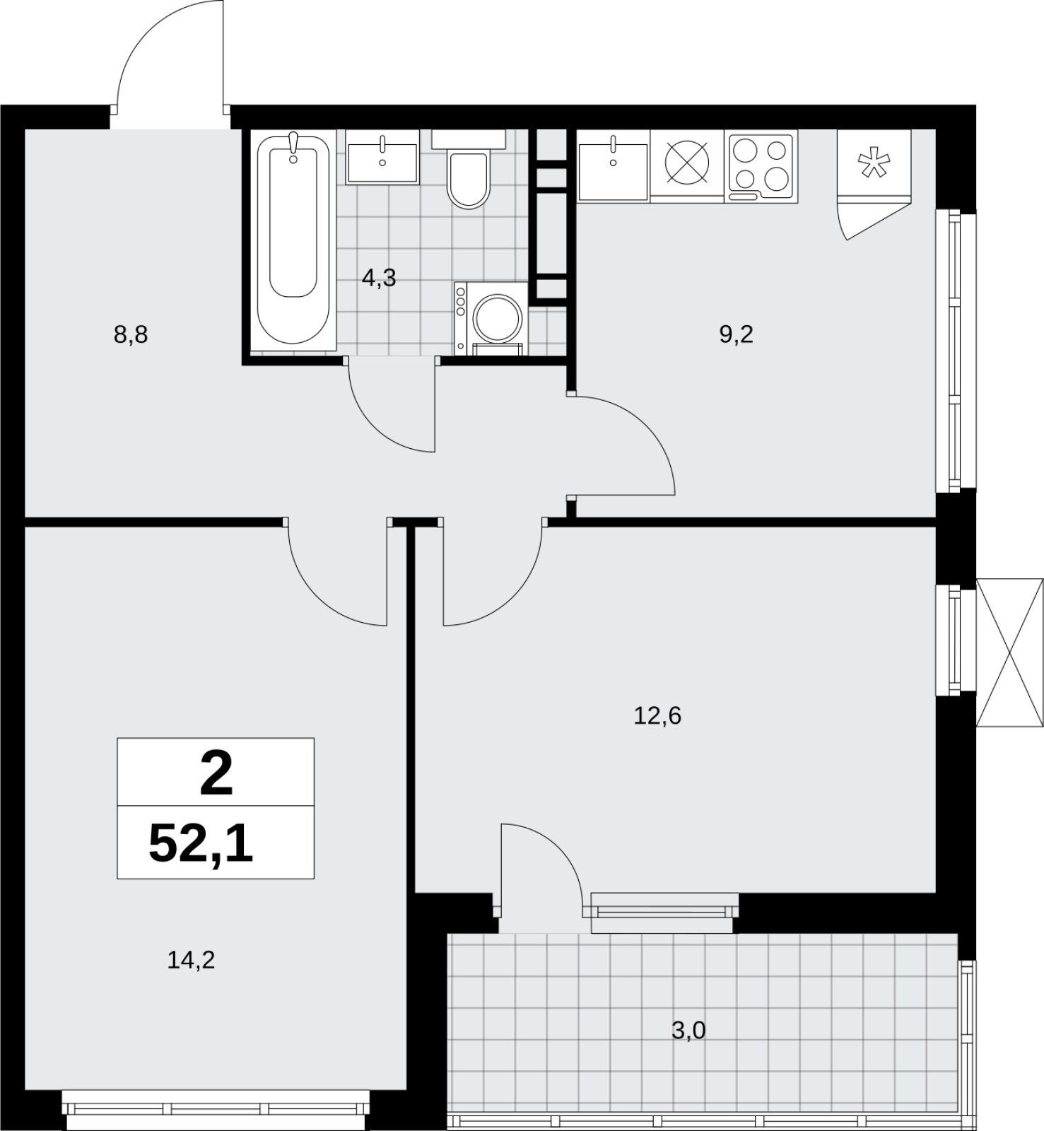 2-комнатная квартира без отделки, 52.1 м2, 5 этаж, сдача 4 квартал 2026 г., ЖК Скандинавия, корпус 2.18.1.2 - объявление 2350643 - фото №1
