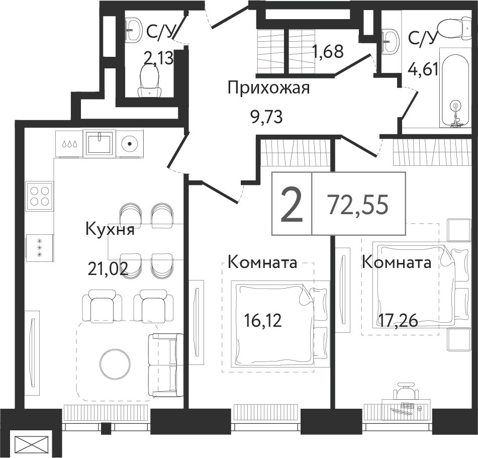 2-комнатная квартира без отделки, 72.55 м2, 3 этаж, сдача 3 квартал 2023 г., ЖК Dream Towers, корпус 2 - объявление 2261221 - фото №1