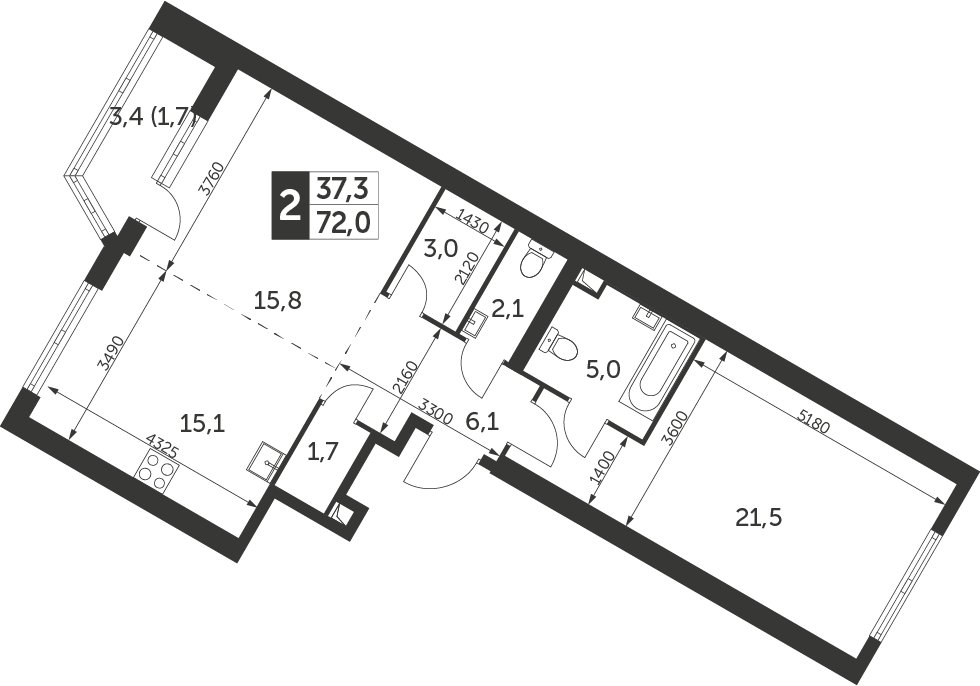 2-комнатная квартира с частичной отделкой, 72 м2, 24 этаж, сдача 4 квартал 2023 г., ЖК Архитектор, корпус 1 - объявление 2212368 - фото №1