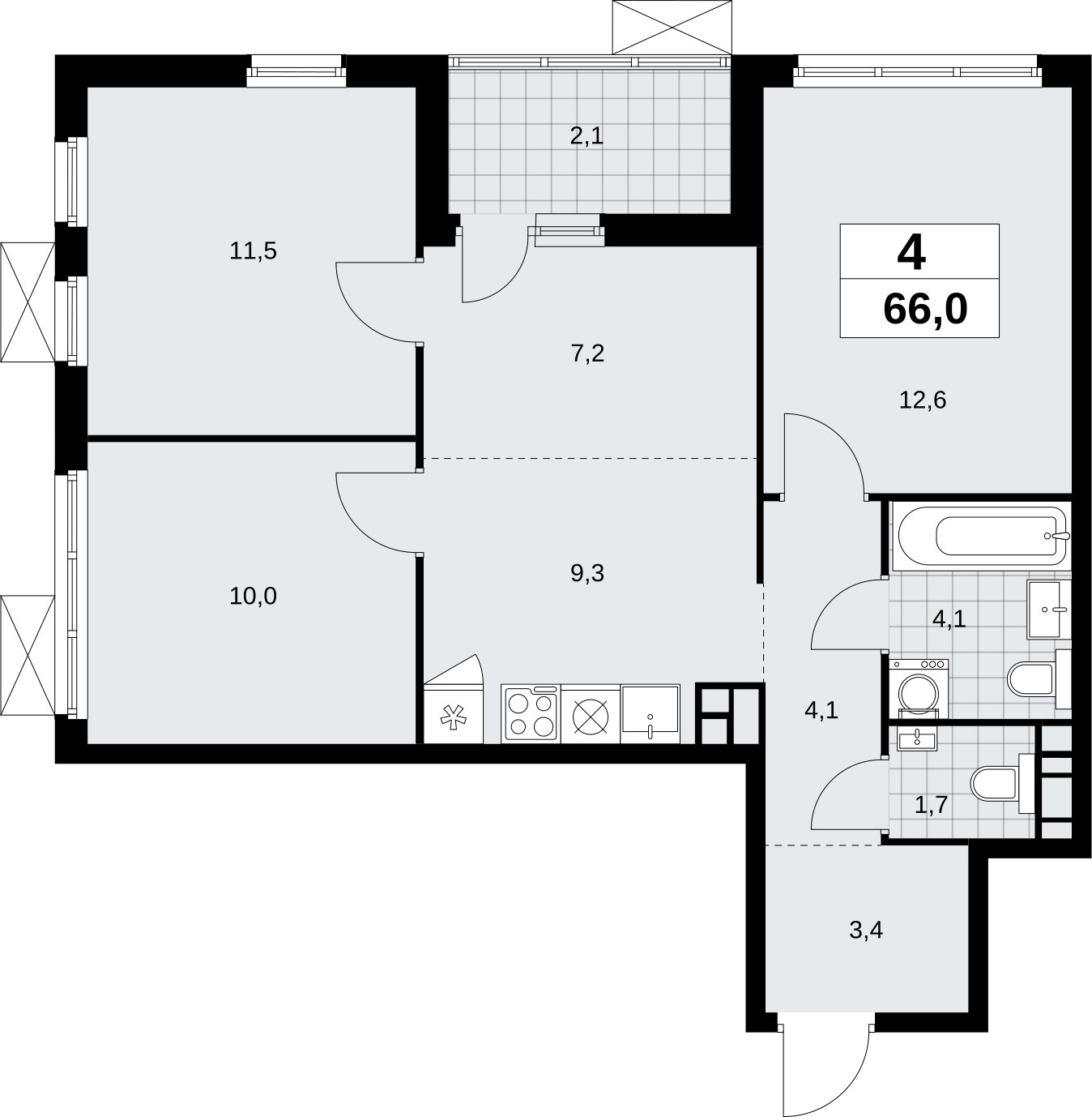 4-комнатная квартира (евро) без отделки, 66 м2, 9 этаж, сдача 4 квартал 2026 г., ЖК Скандинавия, корпус 2.18.1.1 - объявление 2350610 - фото №1