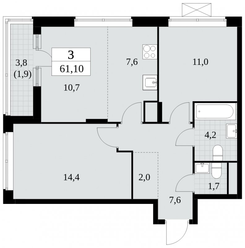 3-комнатная квартира (евро) с частичной отделкой, 61.1 м2, 13 этаж, сдача 3 квартал 2024 г., ЖК Прокшино, корпус 6.6 - объявление 1663527 - фото №1