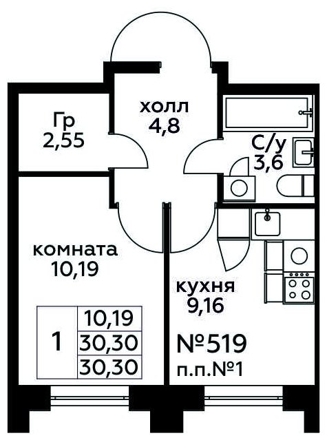 1-комнатная квартира с полной отделкой, 30.3 м2, 15 этаж, сдача 3 квартал 2024 г., ЖК МелисСад, корпус 1 - объявление 1916977 - фото №1