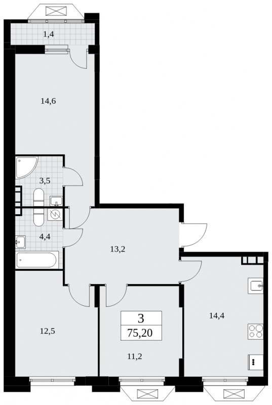 3-комнатная квартира без отделки, 75.2 м2, 5 этаж, сдача 4 квартал 2024 г., ЖК Бунинские кварталы, корпус 1.3 - объявление 1834787 - фото №1
