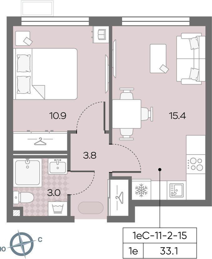 1-комнатная квартира с полной отделкой, 33.1 м2, 7 этаж, сдача 3 квартал 2024 г., ЖК Лучи, корпус 15 - объявление 2210689 - фото №1