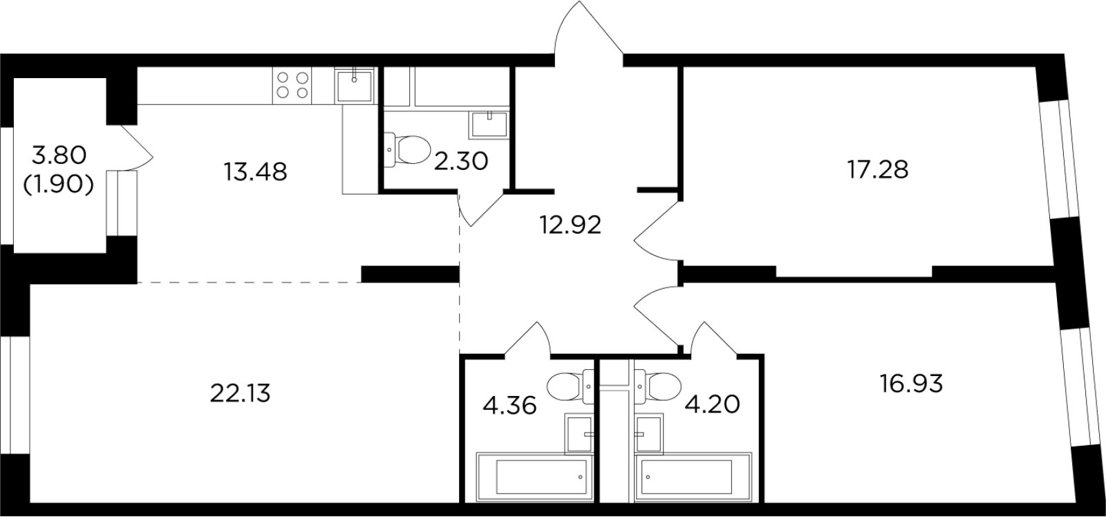 3-комнатная квартира без отделки, 95 м2, 12 этаж, дом сдан, ЖК КутузовGRAD 2, корпус 5 - объявление 2406424 - фото №1