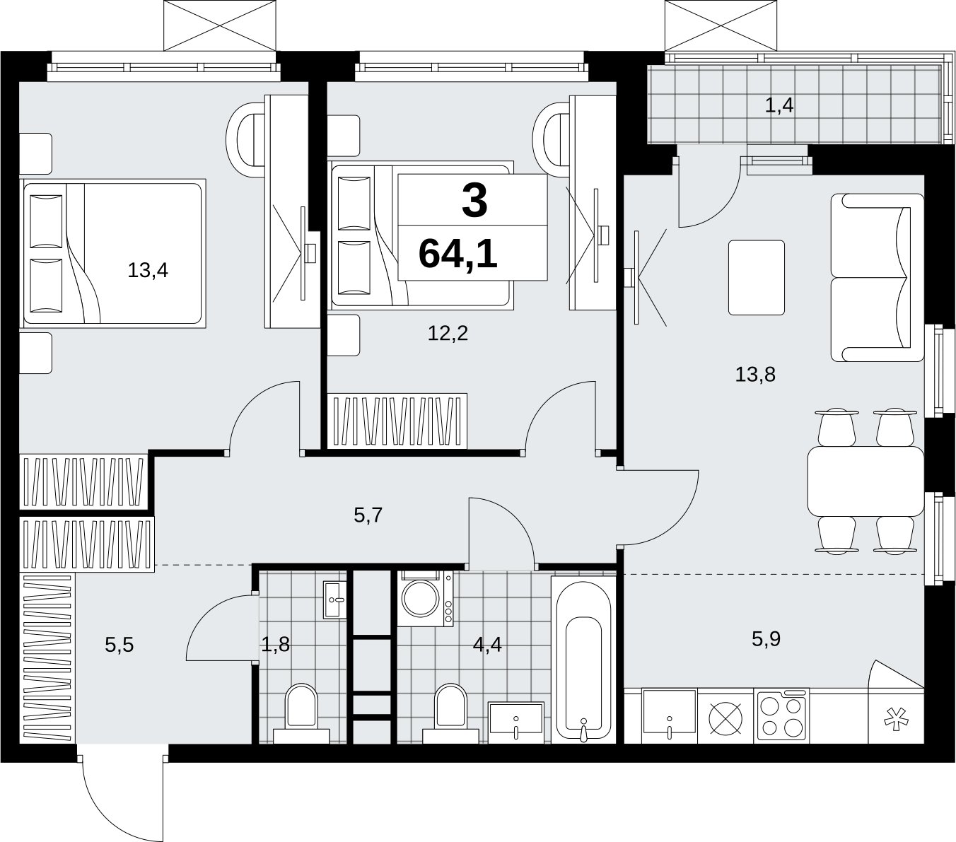 3-комнатная квартира (евро) с полной отделкой, 64.1 м2, 7 этаж, сдача 1 квартал 2027 г., ЖК Скандинавия, корпус 2.18.2.1 - объявление 2351134 - фото №1