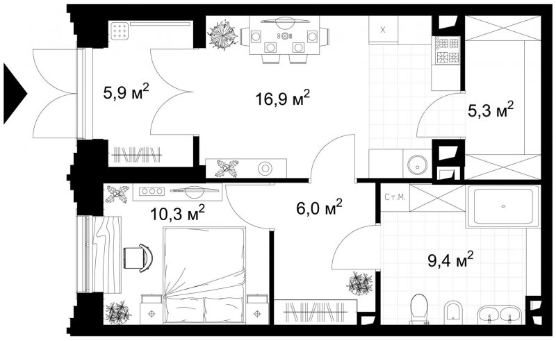 1-комнатная квартира без отделки, 53.8 м2, 1 этаж, сдача 4 квартал 2022 г., ЖК Kazakov Grand Loft, корпус 1 - объявление 1686226 - фото №1