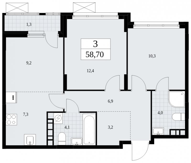 3-комнатная квартира (евро) без отделки, 58.7 м2, 6 этаж, сдача 4 квартал 2024 г., ЖК Скандинавия, корпус 35.2.2 - объявление 1841143 - фото №1
