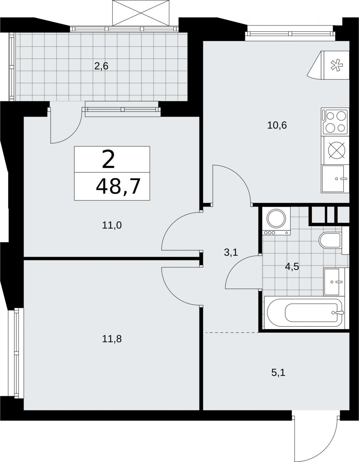 2-комнатная квартира без отделки, 48.7 м2, 7 этаж, сдача 2 квартал 2026 г., ЖК Бунинские кварталы, корпус 5.2 - объявление 2297350 - фото №1