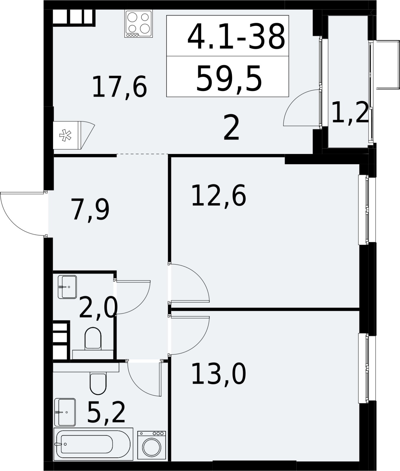 2-комнатная квартира с полной отделкой, 59.5 м2, 8 этаж, сдача 2 квартал 2027 г., ЖК Южные сады, корпус 4.1.1 - объявление 2392579 - фото №1