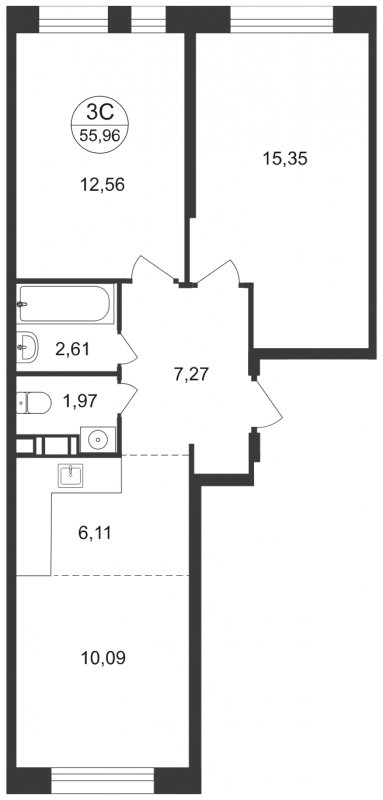 3-комнатная квартира (евро) с полной отделкой, 55.96 м2, 14 этаж, сдача 1 квартал 2023 г., ЖК Люберцы, корпус 62 - объявление 1566468 - фото №1