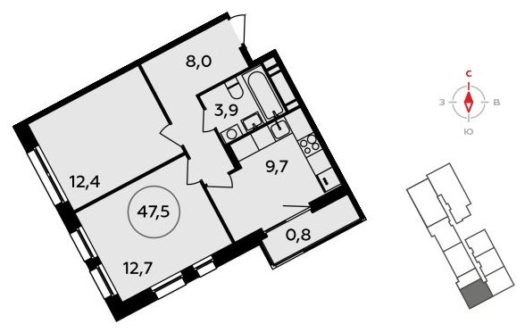 2-комнатная квартира без отделки, 47.5 м2, 17 этаж, сдача 3 квартал 2023 г., ЖК Прокшино, корпус 4.3 - объявление 1498229 - фото №1
