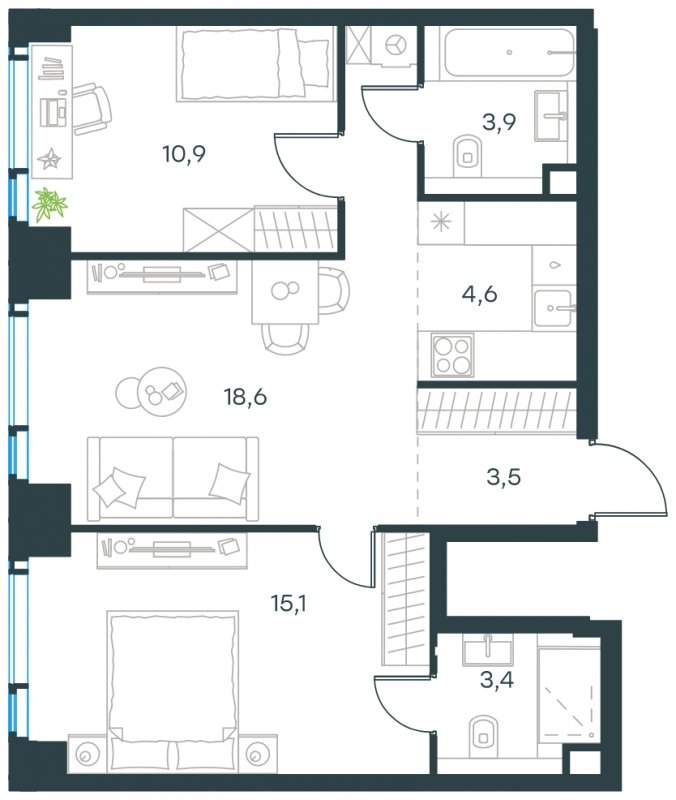 3-комнатная квартира без отделки, 60 м2, 51 этаж, сдача 2 квартал 2025 г., ЖК Level Мичуринский, корпус 1 - объявление 1817676 - фото №1