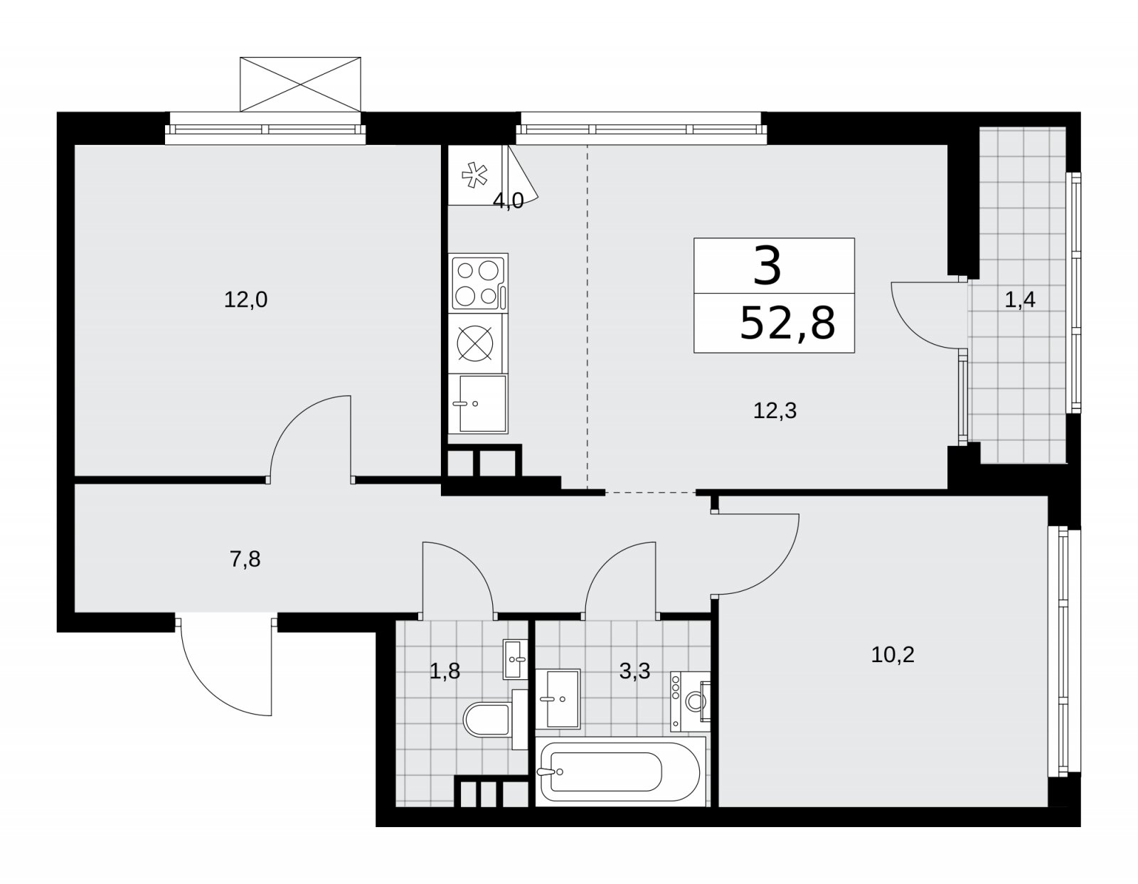 3-комнатная квартира (евро) с полной отделкой, 52.8 м2, 14 этаж, сдача 2 квартал 2026 г., ЖК Деснаречье, корпус 4.7 - объявление 2264986 - фото №1