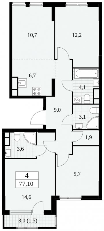 4-комнатная квартира (евро) без отделки, 77.1 м2, 5 этаж, сдача 2 квартал 2025 г., ЖК Южные сады, корпус 2.4 - объявление 1760436 - фото №1