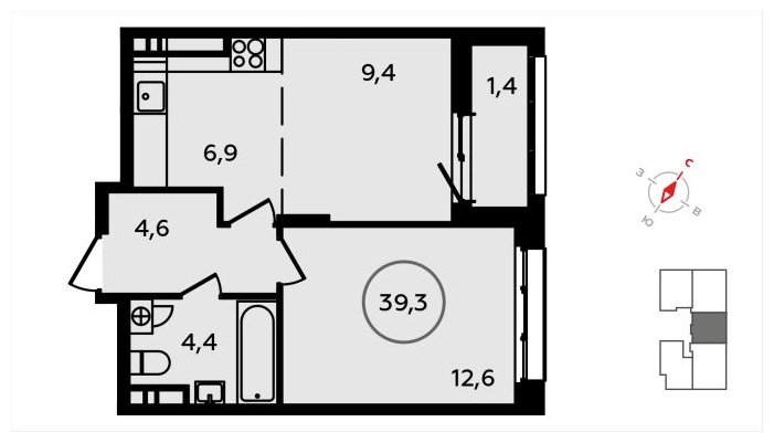 2-комнатная квартира (евро) без отделки, 39.3 м2, 14 этаж, сдача 3 квартал 2024 г., ЖК Скандинавия, корпус 2.22.2 - объявление 1625535 - фото №1