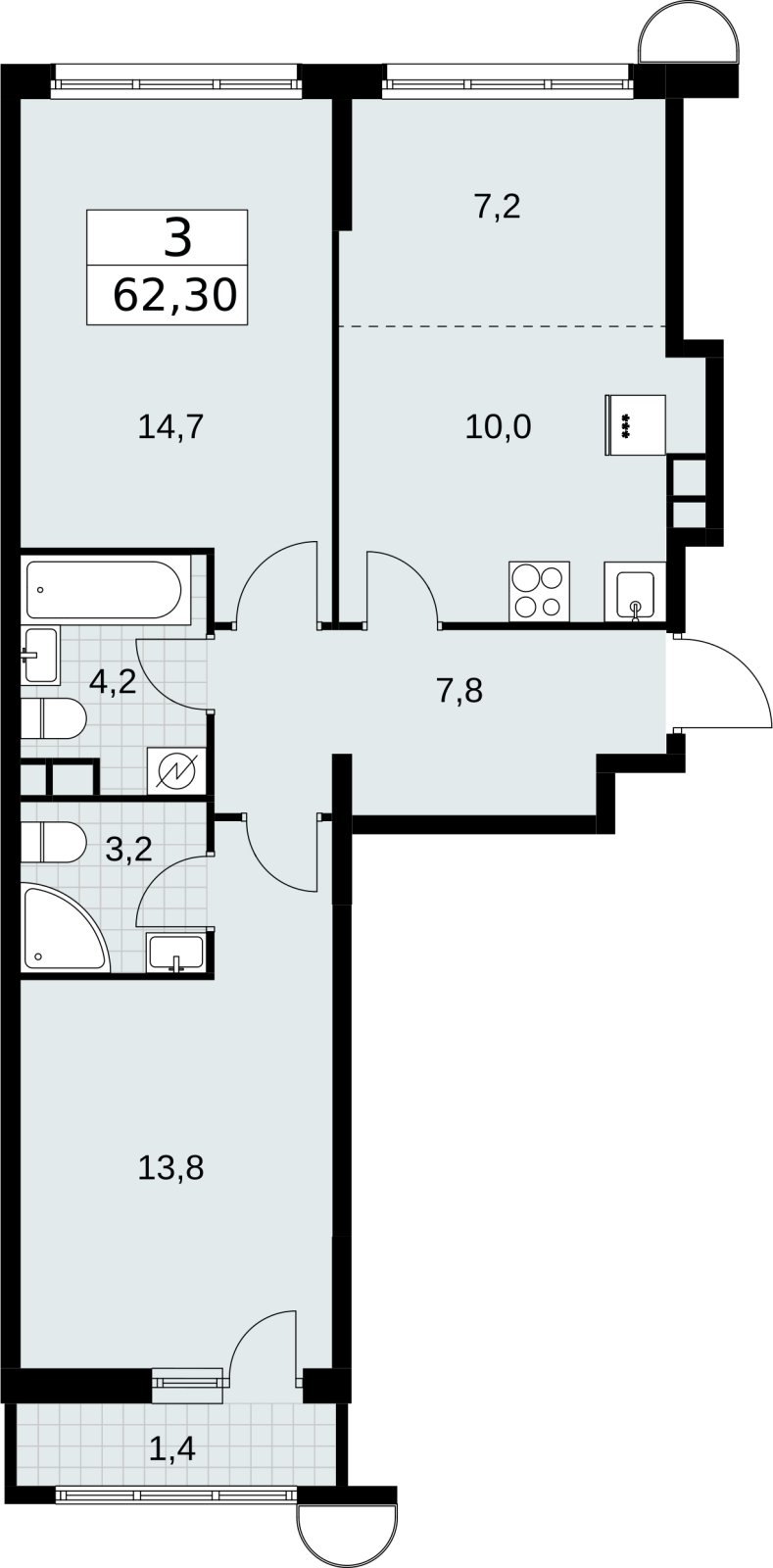 3-комнатная квартира (евро) без отделки, 62.3 м2, 3 этаж, сдача 3 квартал 2026 г., ЖК Родные кварталы, корпус 3.1 - объявление 2378184 - фото №1