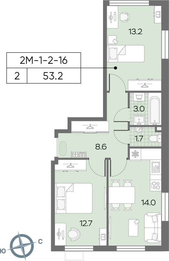 2-комнатная квартира с полной отделкой, 53.2 м2, 16 этаж, сдача 3 квартал 2024 г., ЖК Лучи, корпус 15 - объявление 2184519 - фото №1