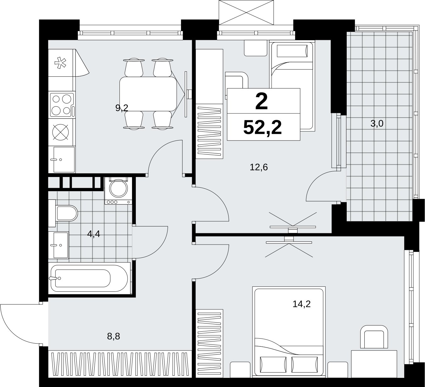 2-комнатная квартира без отделки, 52.2 м2, 12 этаж, сдача 4 квартал 2026 г., ЖК Скандинавия, корпус 2.18.2.6 - объявление 2351802 - фото №1
