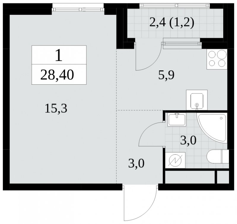 Студия с частичной отделкой, 28.4 м2, 19 этаж, сдача 2 квартал 2025 г., ЖК Южные сады, корпус 2.2 - объявление 1757596 - фото №1