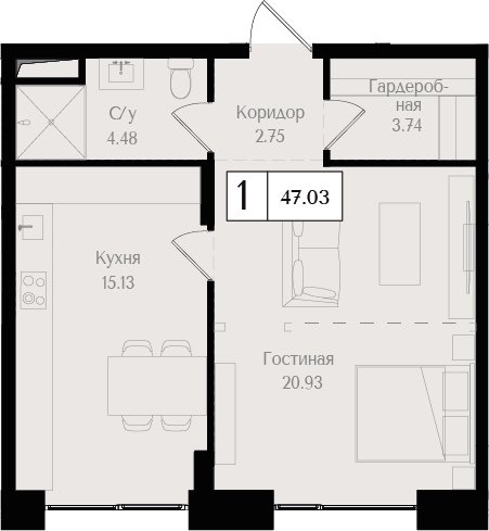 1-комнатная квартира без отделки, 44.9 м2, 2 этаж, сдача 3 квартал 2024 г., ЖК Преображенская площадь, корпус 2 - объявление 2266220 - фото №1