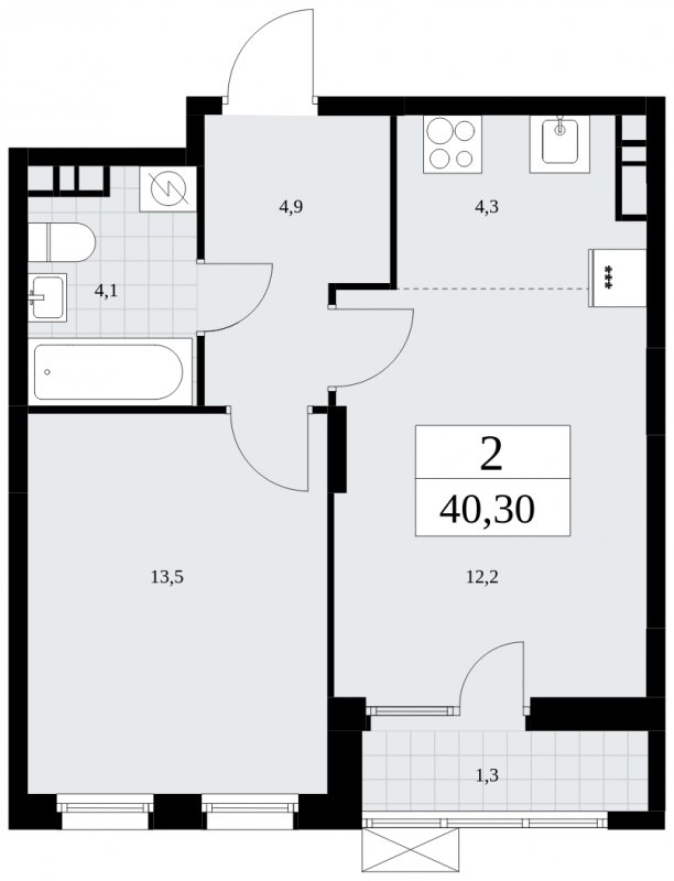 2-комнатная квартира (евро) с частичной отделкой, 40.3 м2, 5 этаж, сдача 3 квартал 2025 г., ЖК Дзен-кварталы, корпус 2.2 - объявление 1932354 - фото №1