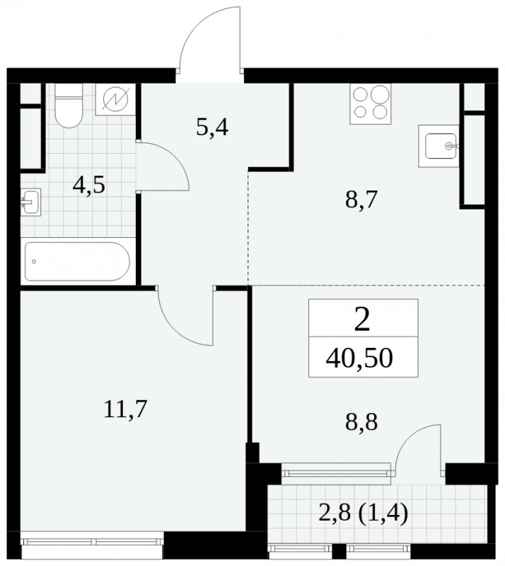 2-комнатная квартира (евро) с частичной отделкой, 40.5 м2, 21 этаж, сдача 2 квартал 2025 г., ЖК Южные сады, корпус 2.1 - объявление 1760040 - фото №1