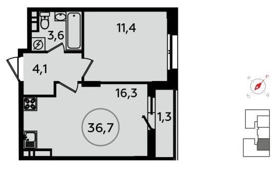 1-комнатная квартира без отделки, 36.7 м2, 10 этаж, сдача 1 квартал 2022 г., ЖК Скандинавия, корпус 13.1 - объявление 1412161 - фото №1