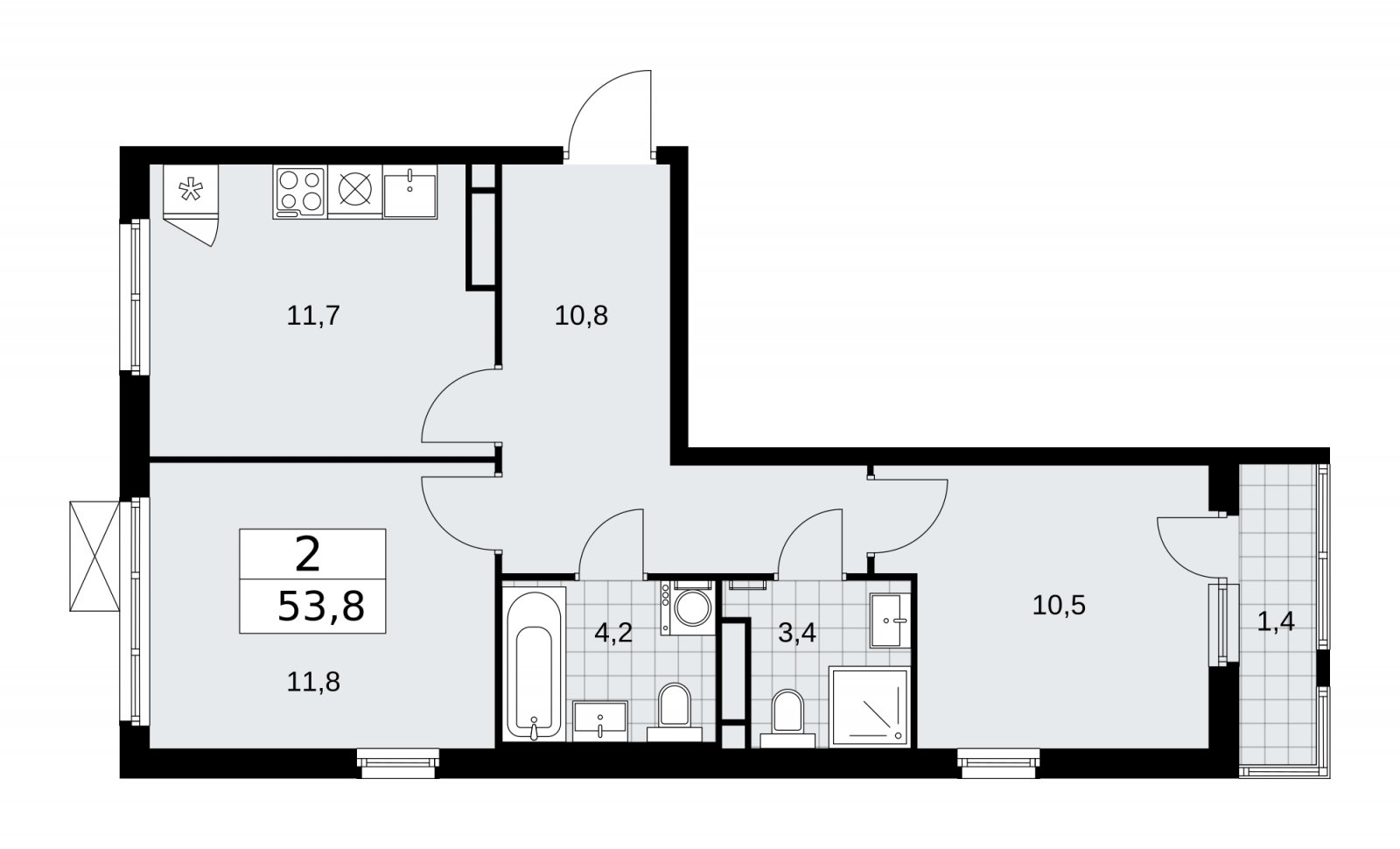 2-комнатная квартира с частичной отделкой, 53.8 м2, 12 этаж, сдача 1 квартал 2026 г., ЖК Прокшино, корпус 11.1.1 - объявление 2257240 - фото №1