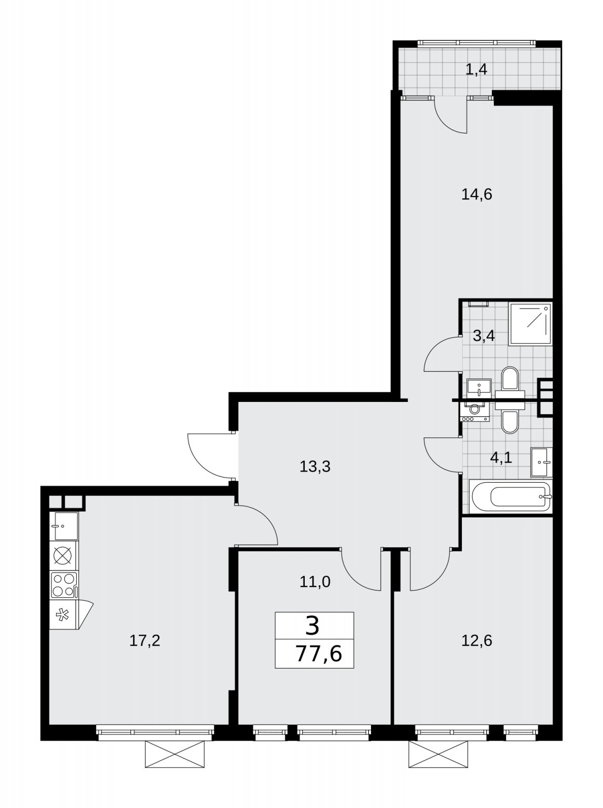 3-комнатная квартира без отделки, 77.6 м2, 4 этаж, сдача 1 квартал 2026 г., ЖК Деснаречье, корпус 4.2 - объявление 2263697 - фото №1