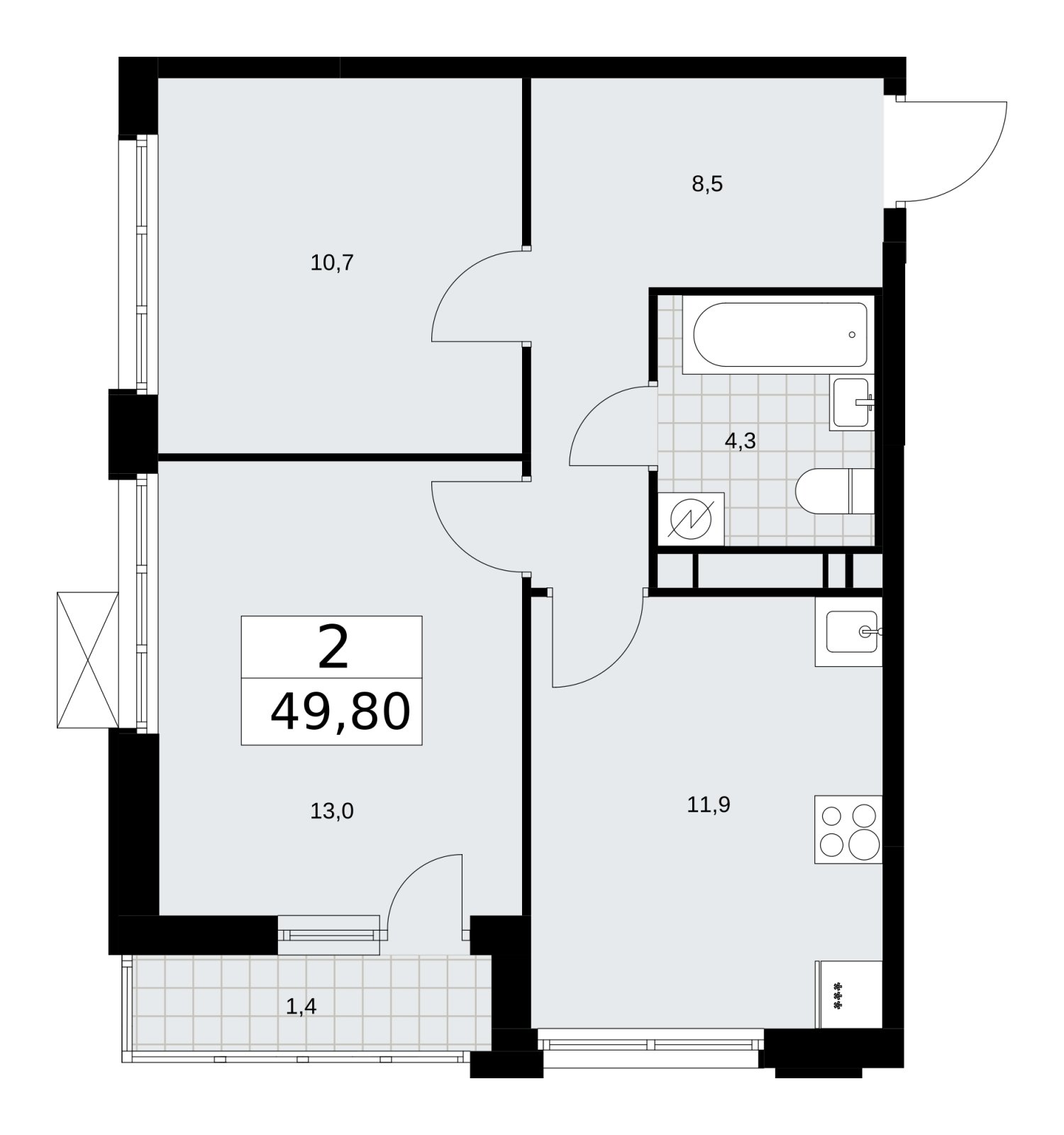 2-комнатная квартира с частичной отделкой, 49.8 м2, 13 этаж, сдача 4 квартал 2025 г., ЖК Скандинавия, корпус 28.4 - объявление 2202649 - фото №1