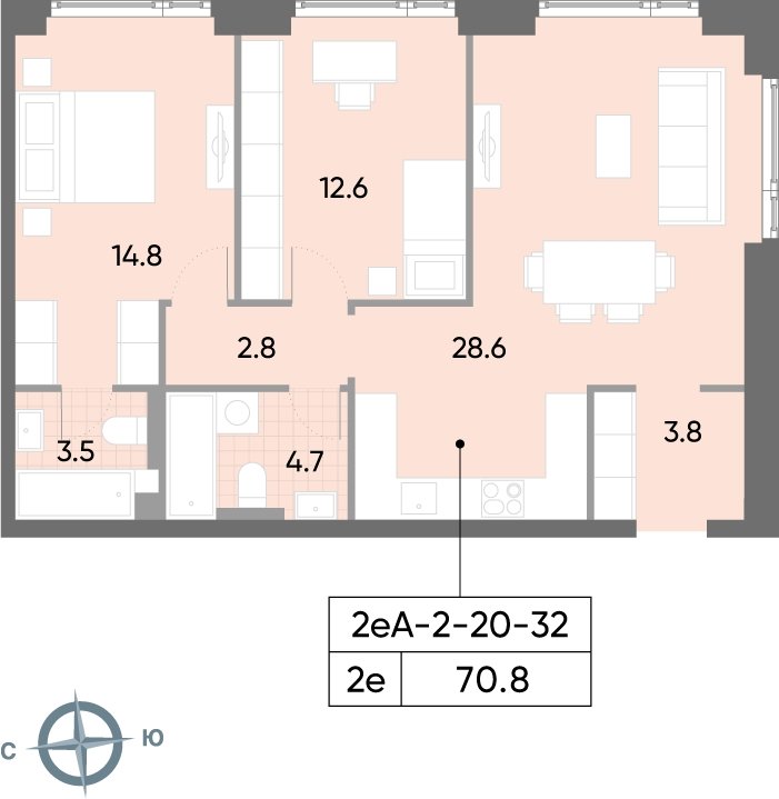 2-комнатная квартира 70.8 м2, 30 этаж, сдача 2 квартал 2026 г., ЖК WAVE, корпус 1 - объявление 2185893 - фото №1