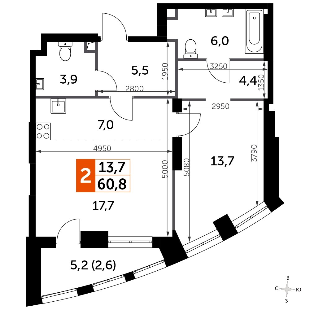1-комнатная квартира с частичной отделкой, 60.8 м2, 9 этаж, сдача 3 квартал 2024 г., ЖК Sydney City, корпус 2.2 - объявление 2207369 - фото №1