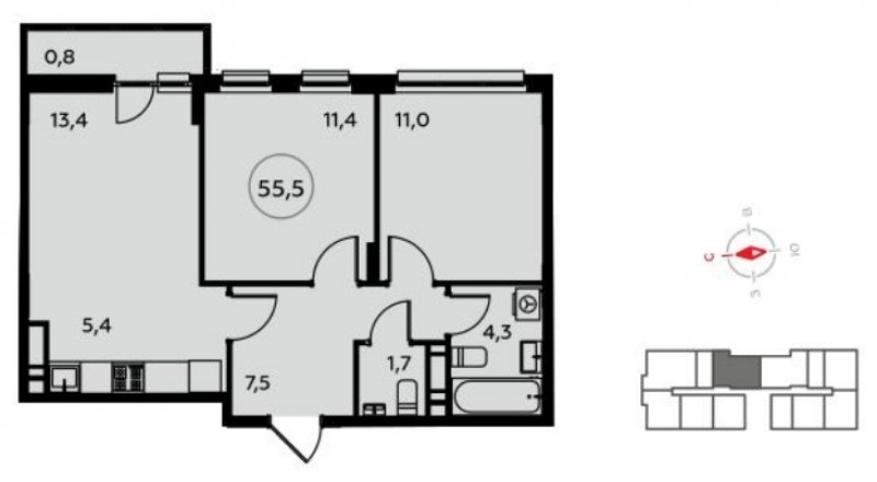 3-комнатная квартира (евро) без отделки, 56 м2, 14 этаж, дом сдан, ЖК Белые ночи, корпус 3.2 - объявление 1825559 - фото №1