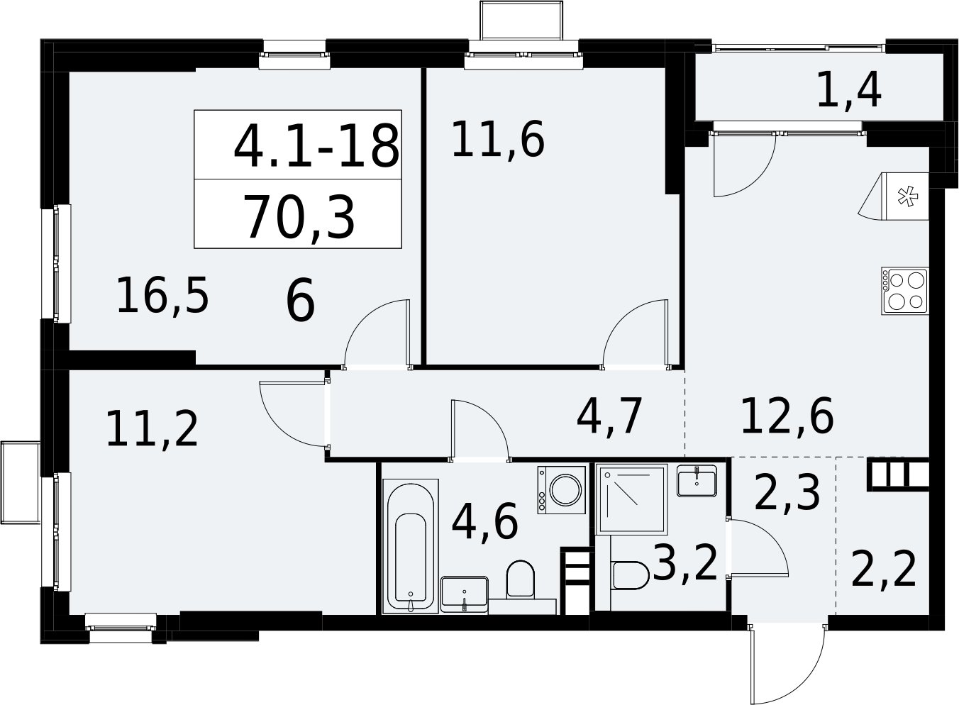 3-комнатная квартира с полной отделкой, 70.3 м2, 4 этаж, сдача 2 квартал 2027 г., ЖК Южные сады, корпус 4.1.1 - объявление 2392559 - фото №1