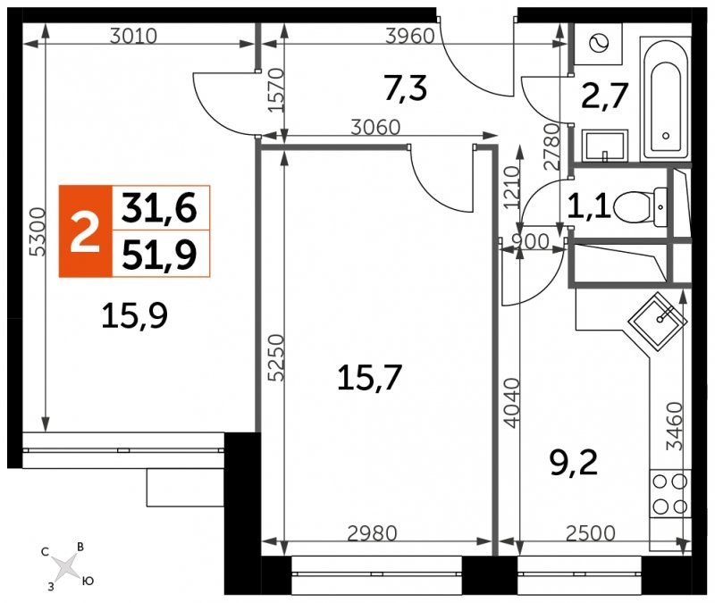 2-комнатная квартира с частичной отделкой, 51.9 м2, 8 этаж, сдача 4 квартал 2023 г., ЖК Датский квартал, корпус 2 - объявление 1612142 - фото №1