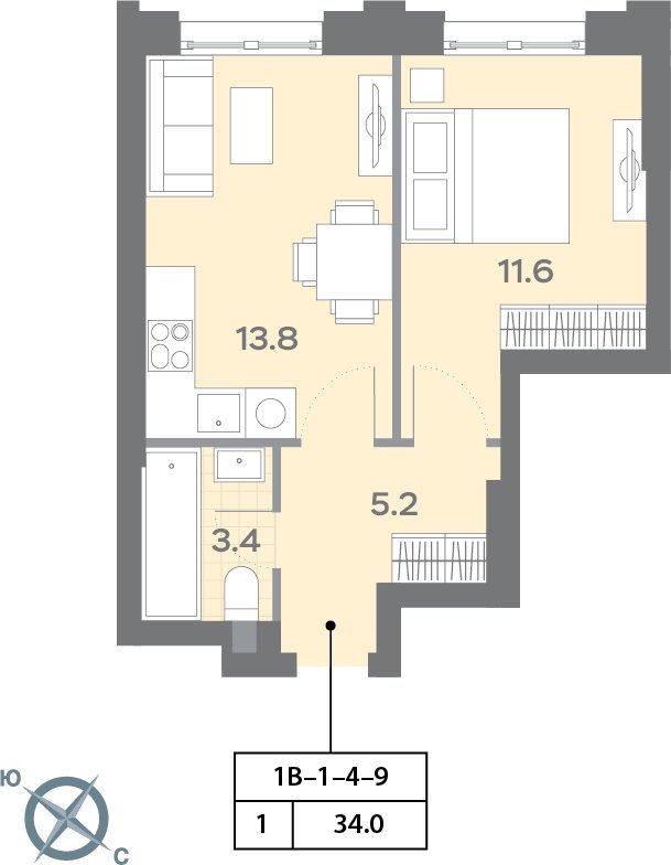 1-комнатная квартира с полной отделкой, 34 м2, 4 этаж, сдача 3 квартал 2025 г., ЖК Дмитровское небо, корпус 1 - объявление 2185352 - фото №1