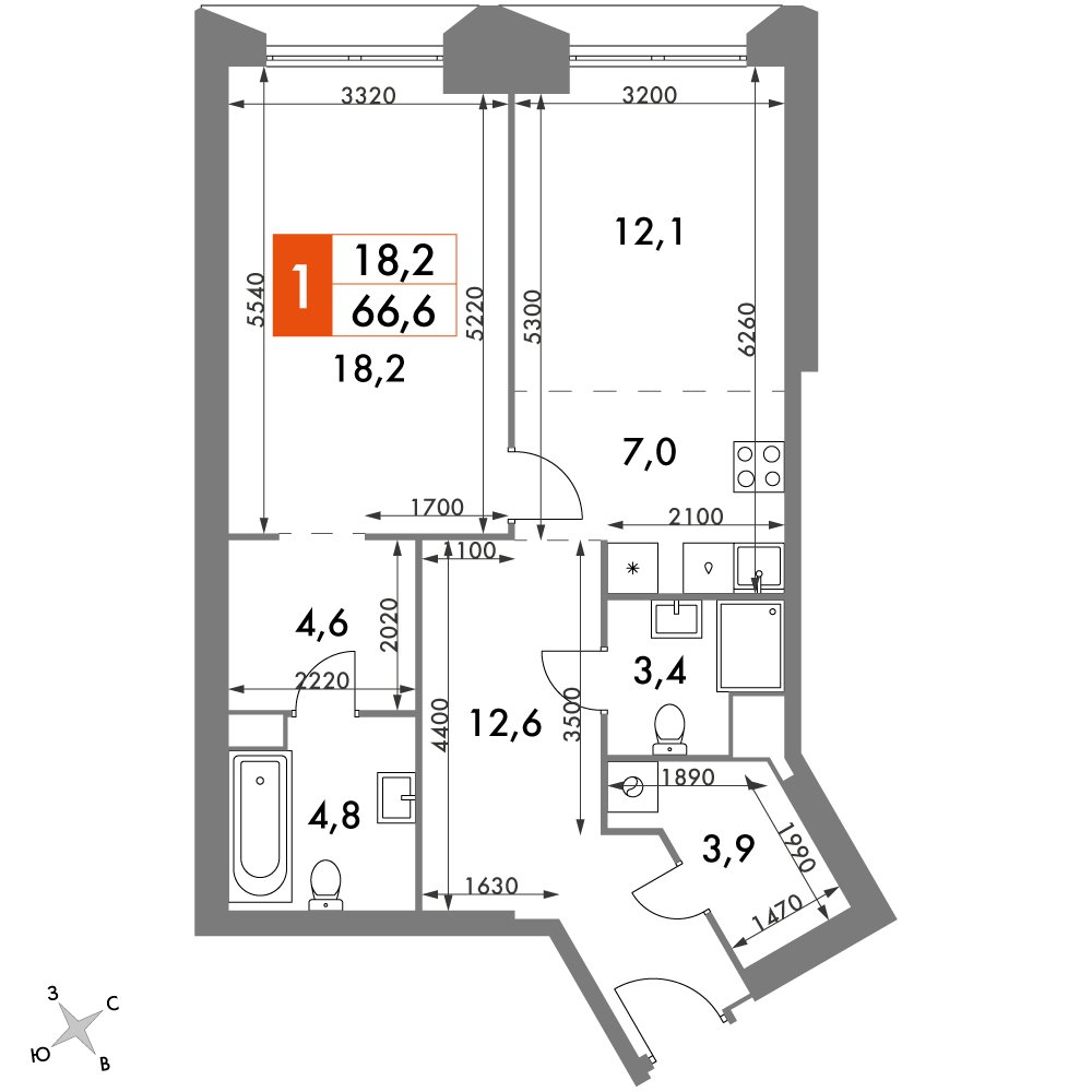 1-комнатная квартира с частичной отделкой, 66.6 м2, 33 этаж, дом сдан, ЖК Архитектор, корпус 3 - объявление 2374935 - фото №1