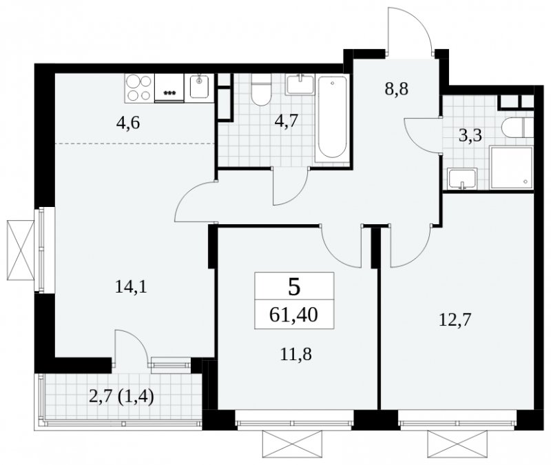 3-комнатная квартира (евро) без отделки, 61.4 м2, 4 этаж, сдача 3 квартал 2024 г., ЖК Прокшино, корпус 8.4 - объявление 1684011 - фото №1
