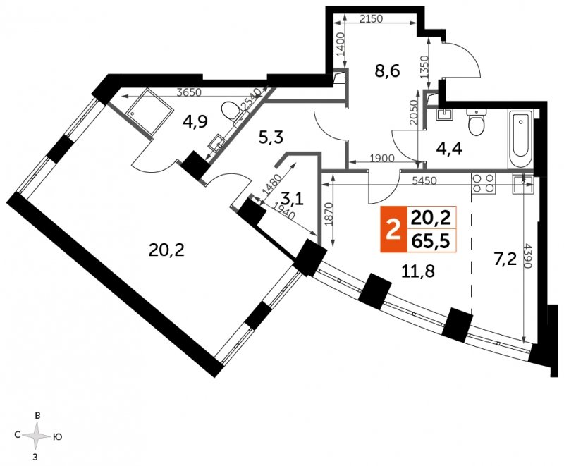 1-комнатная квартира с частичной отделкой, 65.5 м2, 5 этаж, сдача 3 квартал 2024 г., ЖК Sydney City, корпус 2.2 - объявление 1694277 - фото №1
