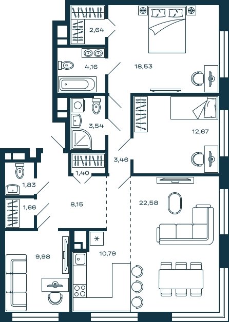 3-комнатная квартира без отделки, 101.39 м2, 24 этаж, сдача 3 квартал 2025 г., ЖК М_5, корпус 2 - объявление 2022028 - фото №1