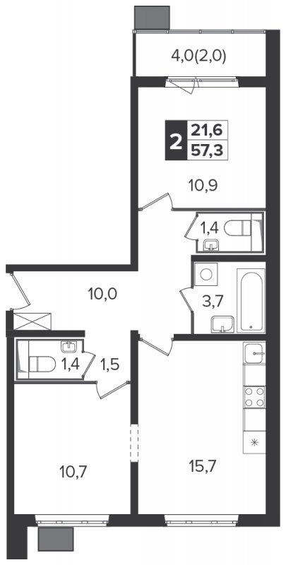 2-комнатная квартира с частичной отделкой, 56.7 м2, 2 этаж, дом сдан, ЖК Южная Битца, корпус 6 - объявление 1747141 - фото №1