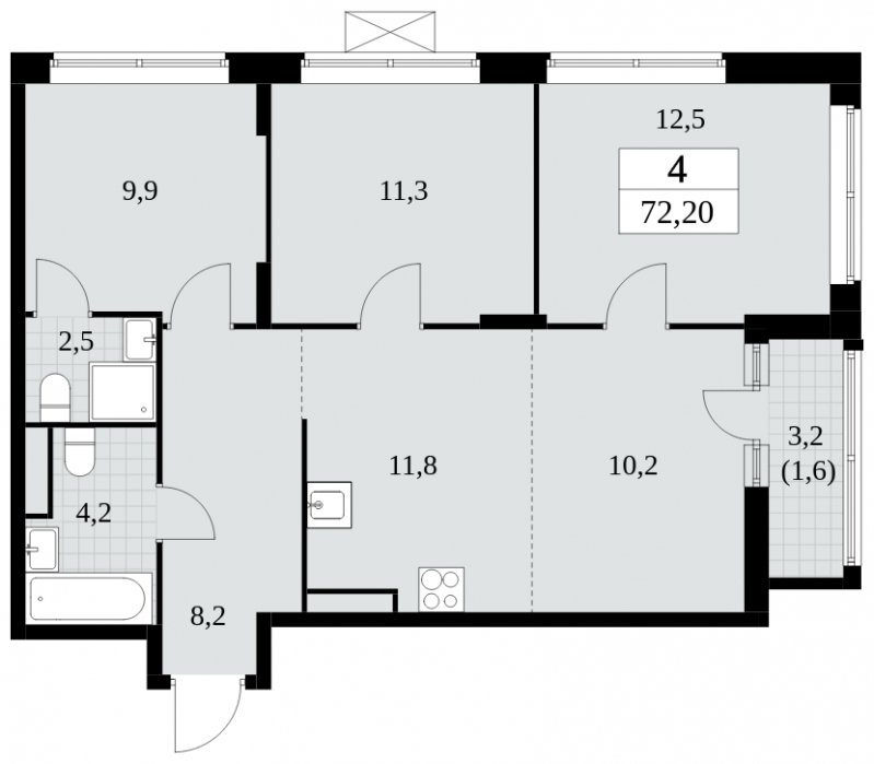 4-комнатная квартира (евро) без отделки, 72.2 м2, 8 этаж, сдача 3 квартал 2024 г., ЖК Прокшино, корпус 8.6 - объявление 1684518 - фото №1