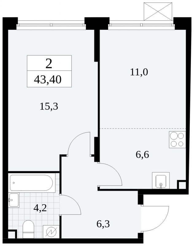 2-комнатная квартира (евро) без отделки, 43.4 м2, 2 этаж, сдача 1 квартал 2025 г., ЖК Скандинавия, корпус 2.27.2 - объявление 1840313 - фото №1