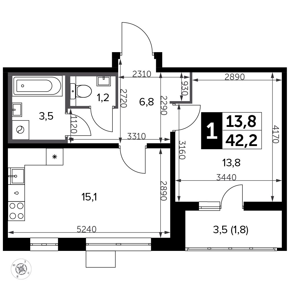 1-комнатная квартира с частичной отделкой, 42.2 м2, 10 этаж, сдача 3 квартал 2023 г., ЖК Южная Битца, корпус 11 - объявление 1984514 - фото №1