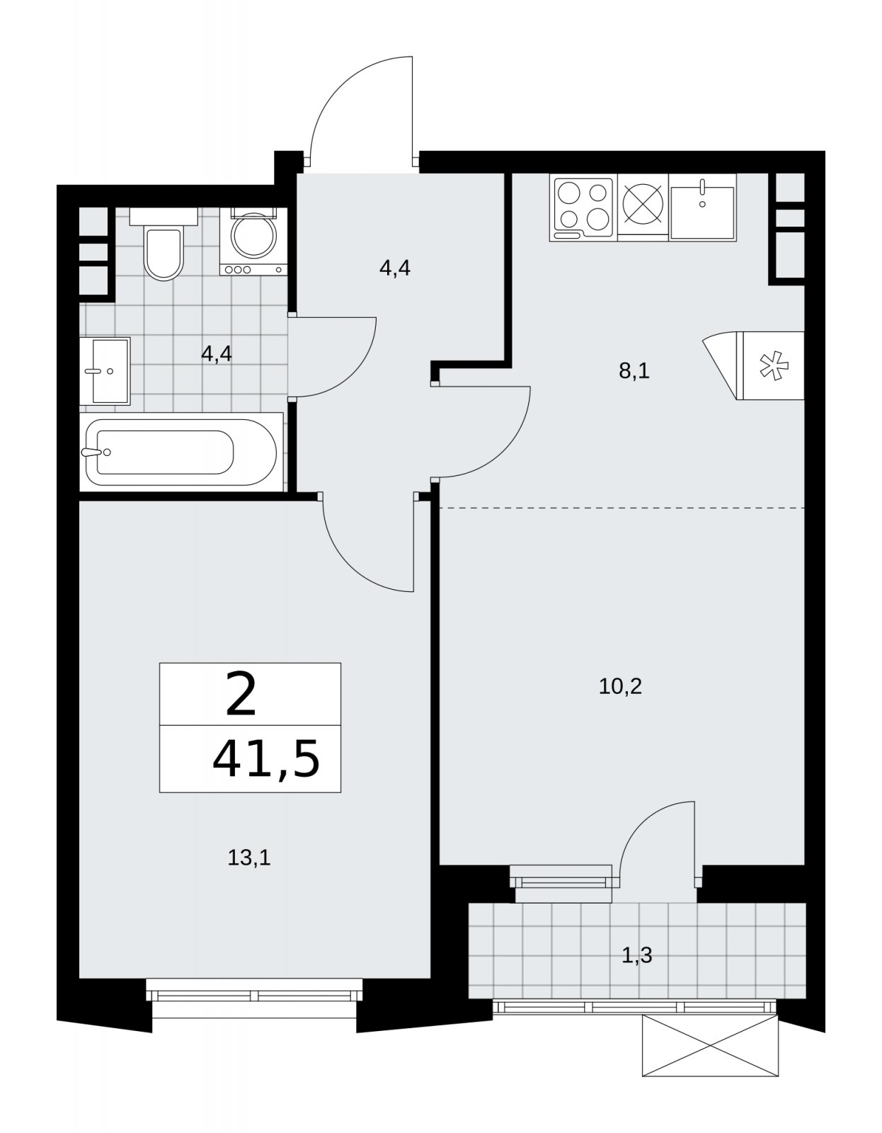 2-комнатная квартира (евро) с частичной отделкой, 41.5 м2, 16 этаж, сдача 1 квартал 2026 г., ЖК Прокшино, корпус 11.1.3 - объявление 2257434 - фото №1