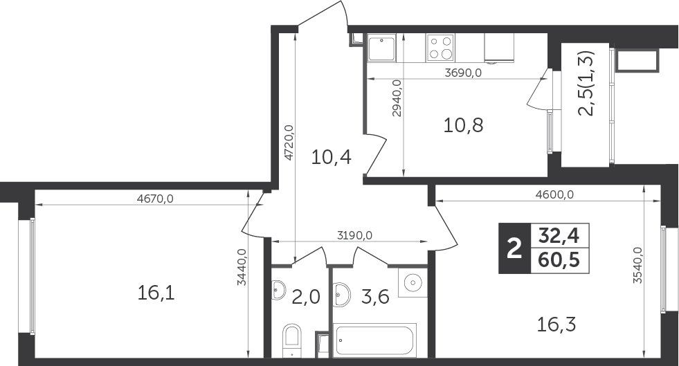 2-комнатная квартира с частичной отделкой, 60.3 м2, 21 этаж, дом сдан, ЖК Датский квартал, корпус 1 - объявление 2266974 - фото №1