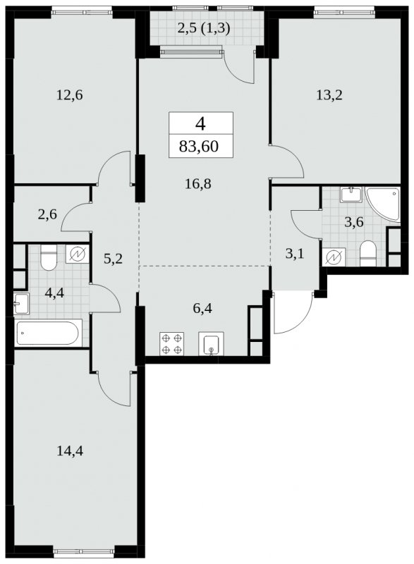 4-комнатная квартира (евро) без отделки, 83.6 м2, 4 этаж, сдача 2 квартал 2025 г., ЖК Южные сады, корпус 2.4 - объявление 1760281 - фото №1