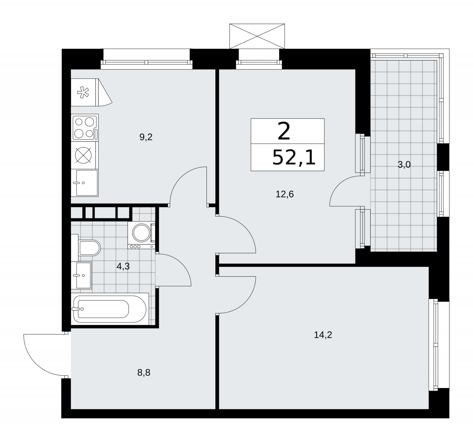 2-комнатная квартира с частичной отделкой, 52.1 м2, 6 этаж, сдача 2 квартал 2026 г., ЖК Скандинавия, корпус 25.2 - объявление 2283494 - фото №1